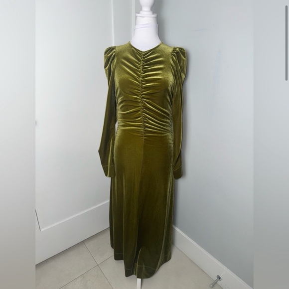 Ganni Velvet Gathered Long Sleeve Jersey Dress in Avocado - Picture 4 of 12
